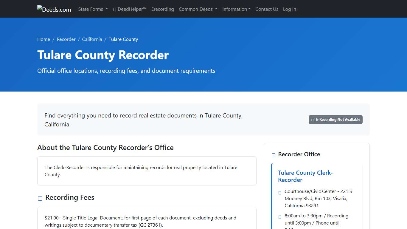 Tulare County Recorder Information, California - Deeds.com